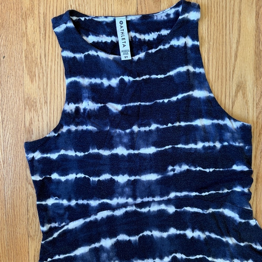 Athleta Santorini Thera Tie Dye Blue Striped Dress Size S Tall Sleeveless Flare - Picture 2 of 5